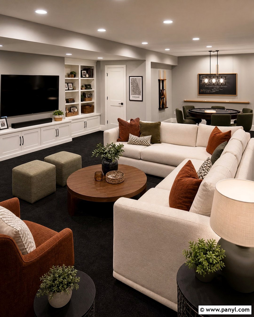 Grey Walls Black Carpet Basement Family Room - 20 Grey Walls Black Carpet Ideas