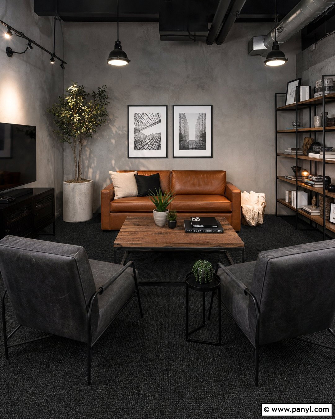 Grey Walls Black Carpet Industrial Living Room - 20 Grey Walls Black Carpet Ideas