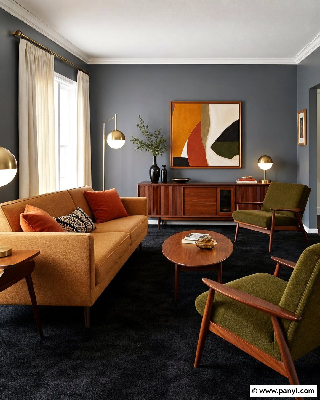 Grey Walls Black Carpet Mid-Century Living Room - 20 Grey Walls Black Carpet Ideas