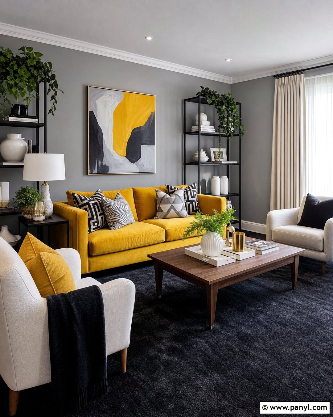 Grey Walls Black Carpet Mustard Living Room - 20 Grey Walls Black Carpet Ideas