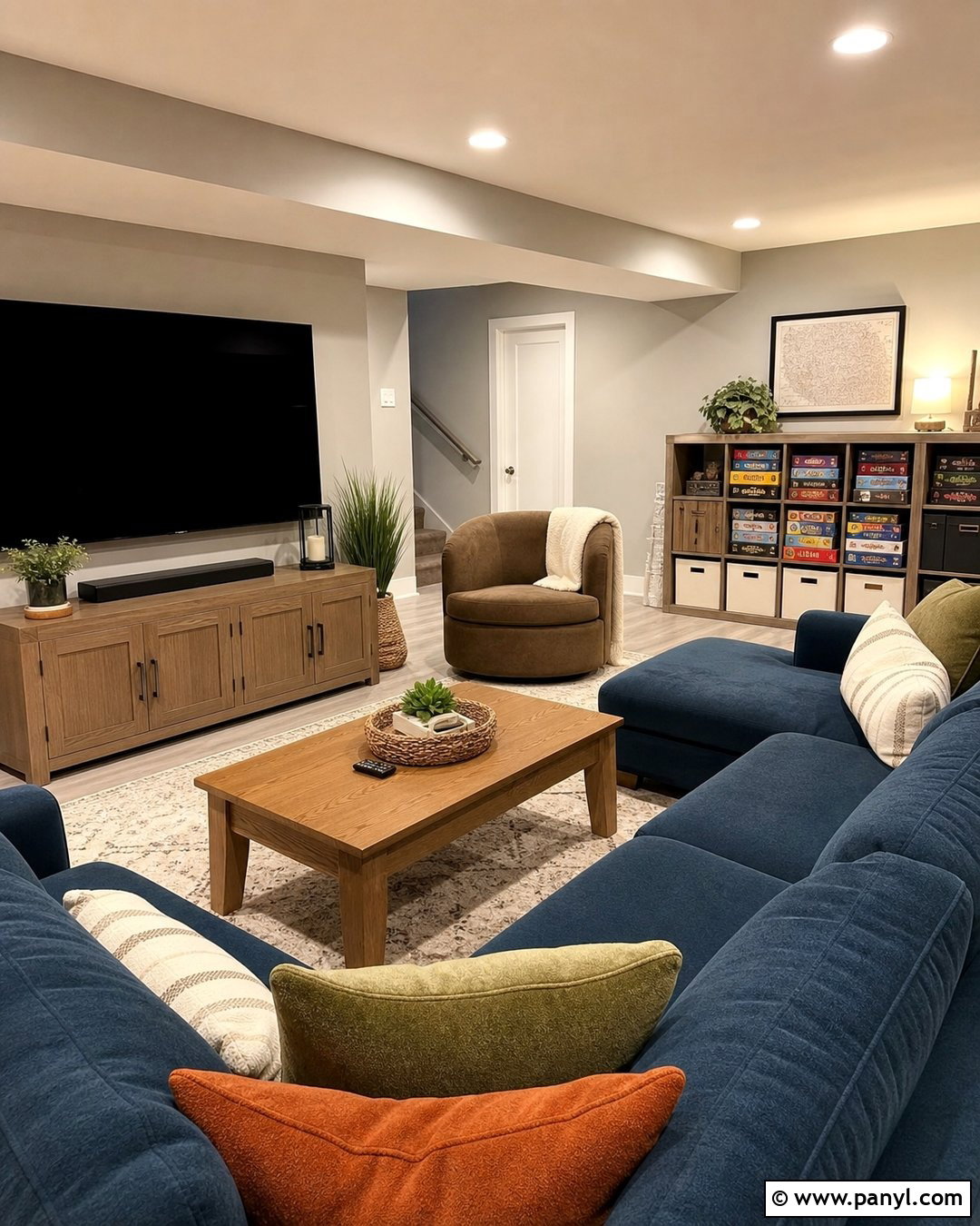 Grey Walls In A Basement Family Room - 50 grey walls