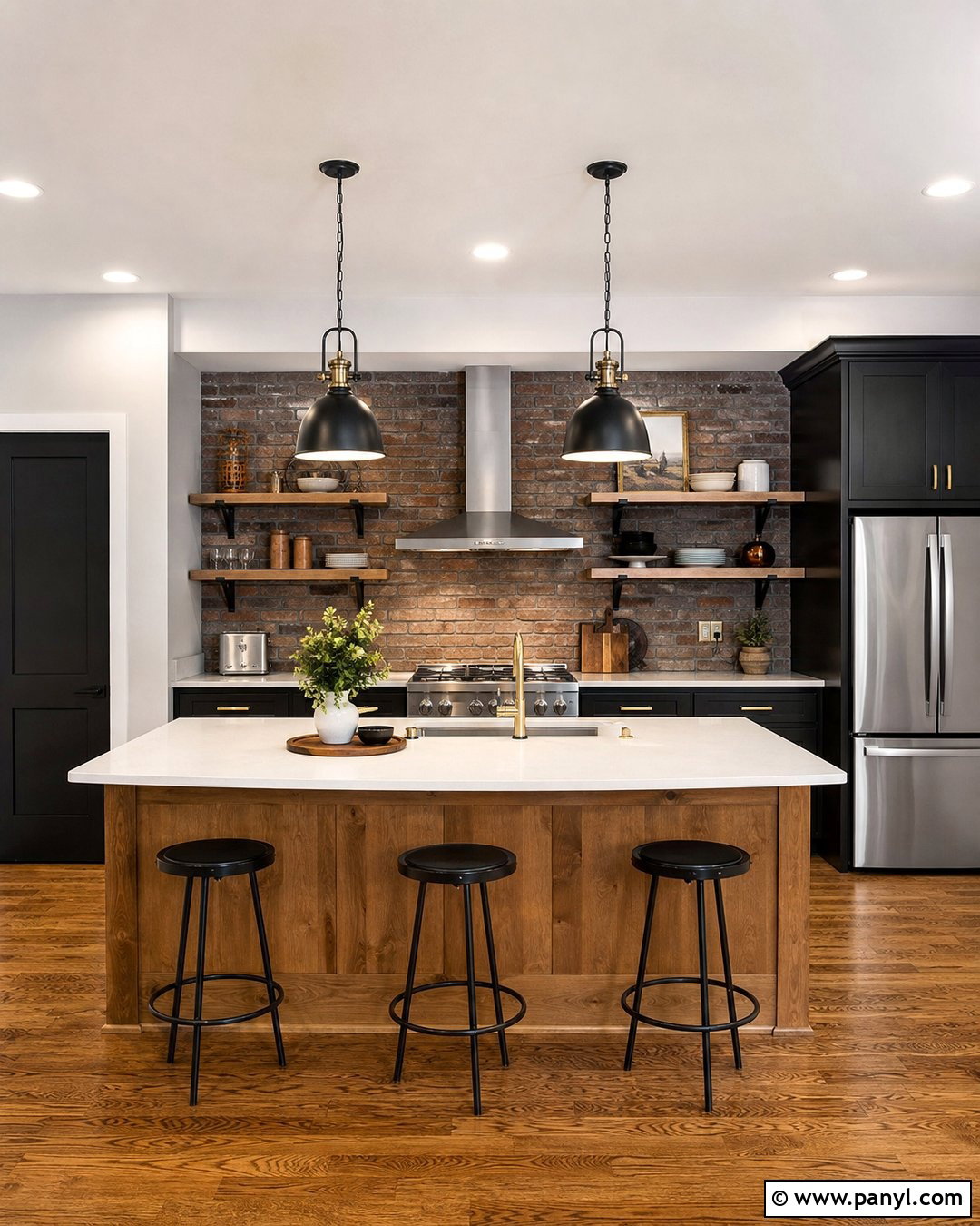 Grey Walls With Black Cabinets And Brick Backsplash - 25 Grey Walls Black Cabinets