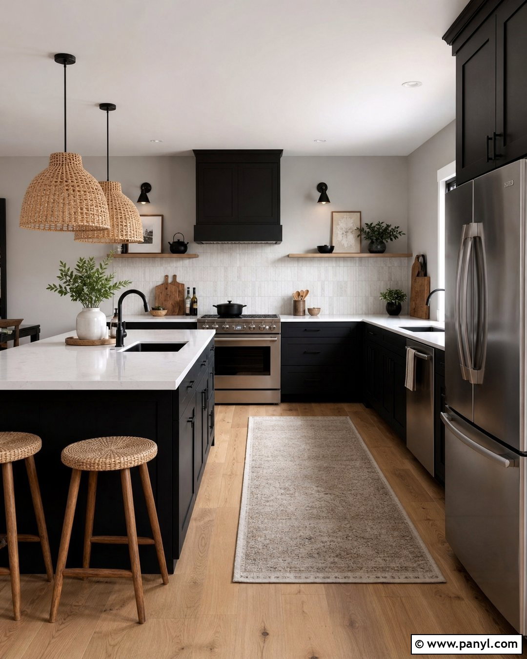 Grey Walls With Black Cabinets And Light Wood Flooring - 25 Grey Walls Black Cabinets