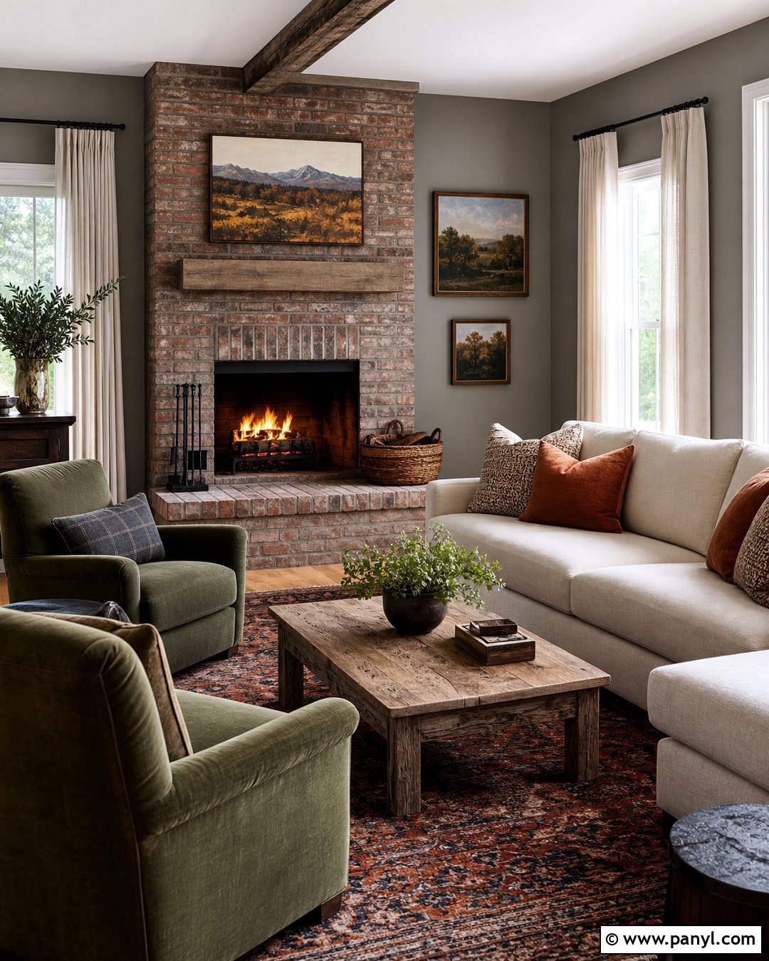 Grey Walls With Brick Fireplace - 50 grey walls