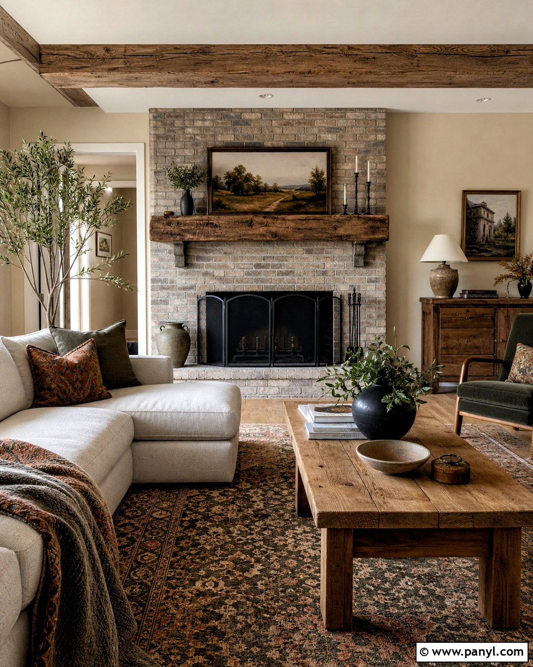 Greywashed Brick Fireplace With Wood Mantel - 20 grey brick fireplace ideas
