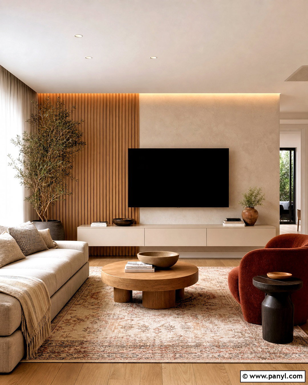 Half Slat TV Wall With Painted Plaster - 20 slat wall behind tv ideas