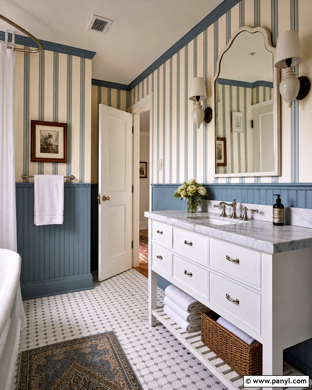 Half Wall Paneling With Striped Wallpaper - 20 striped bathroom walls