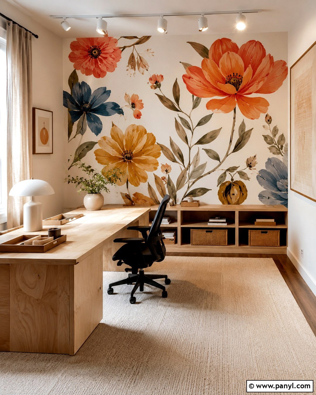 Hand Painted Floral Office Wall - 20 Floral Accent Wall Office Ideas