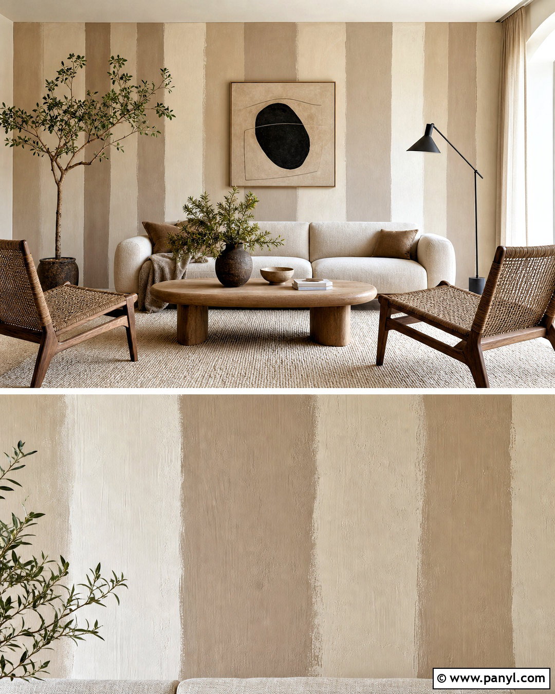 Hand-Painted Neutral Vertical Striped Living Room - 20 striped walls vertical ideas