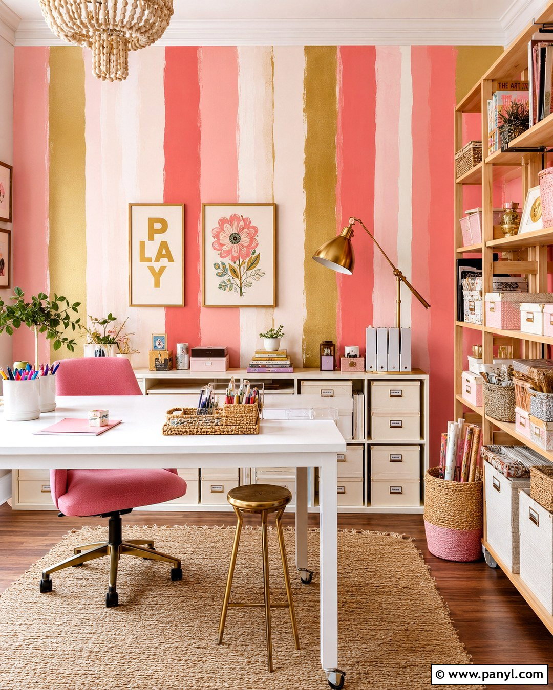 Hand Painted Pink And Gold Striped Craft Room Wall - 20 Pink And Gold Striped Wall Ideas