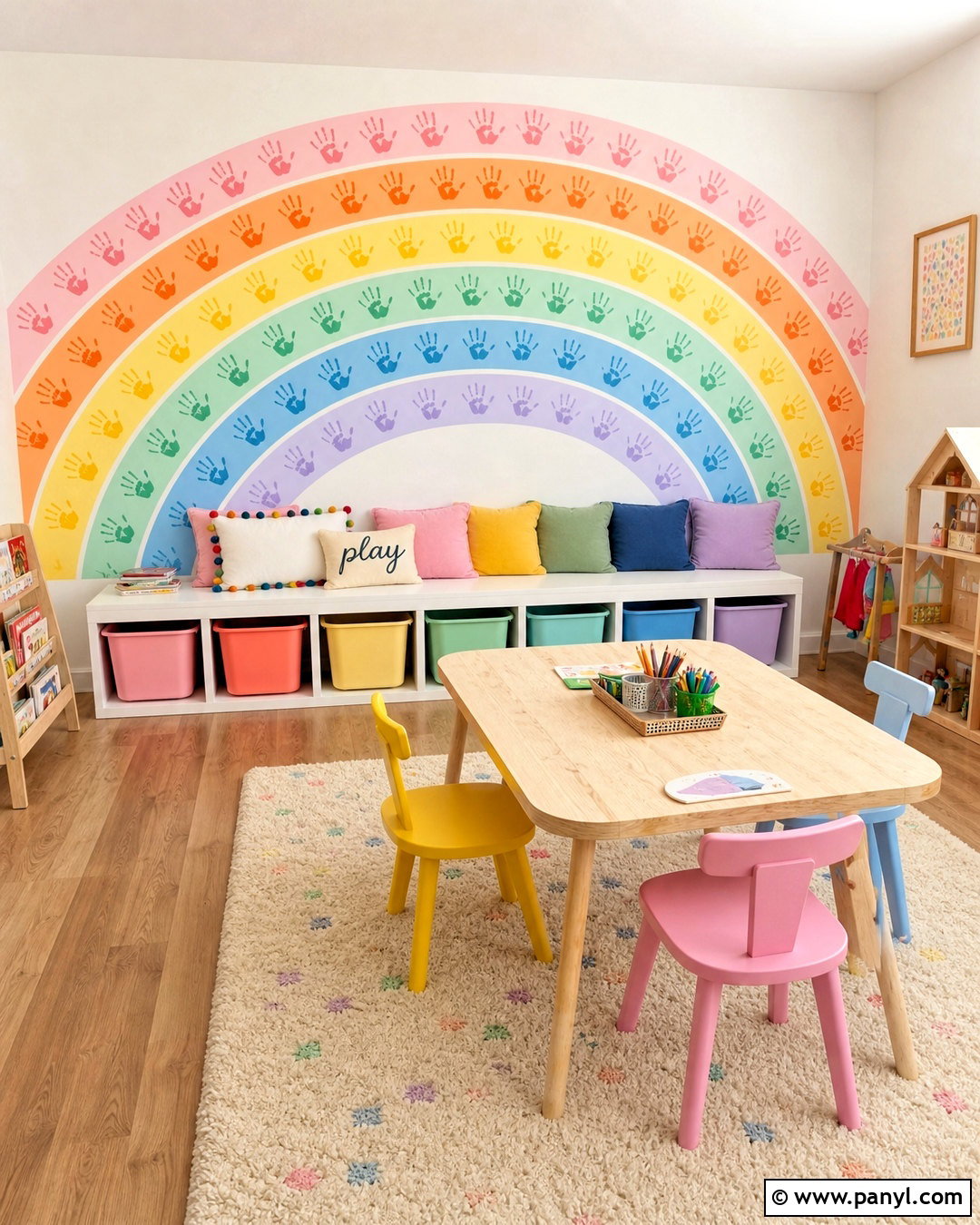 Handprint Rainbow Mural - 20 rainbow mural kids room diy ideas