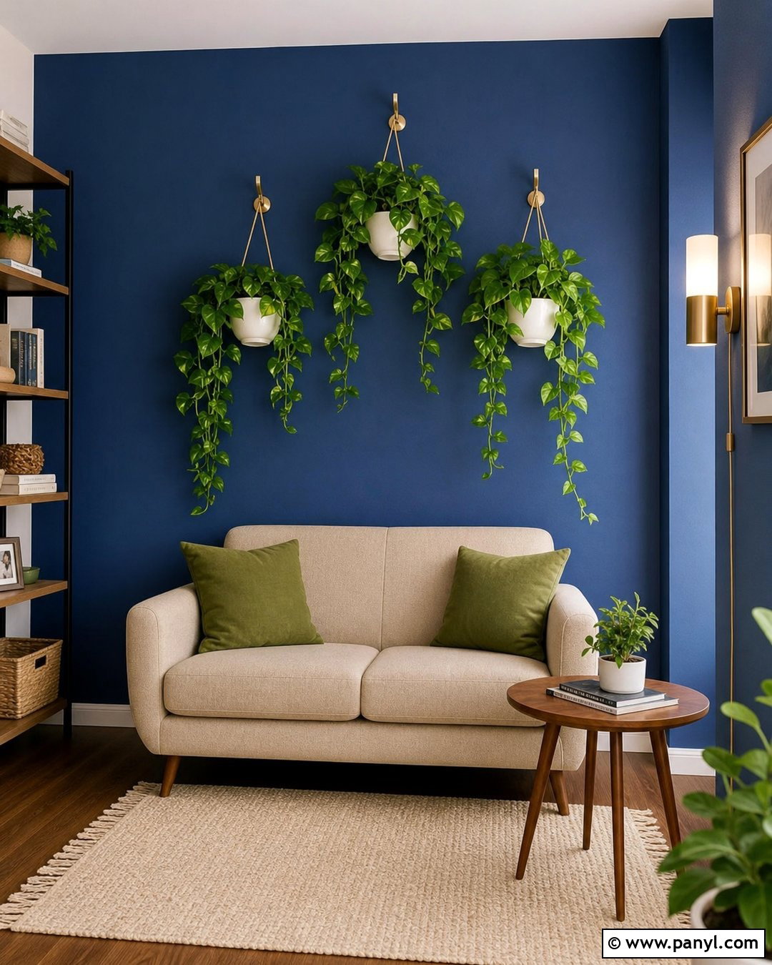 Hanging Plants Against Deep Blue Wall - 20 Green Plant Against Blue Wall Ideas