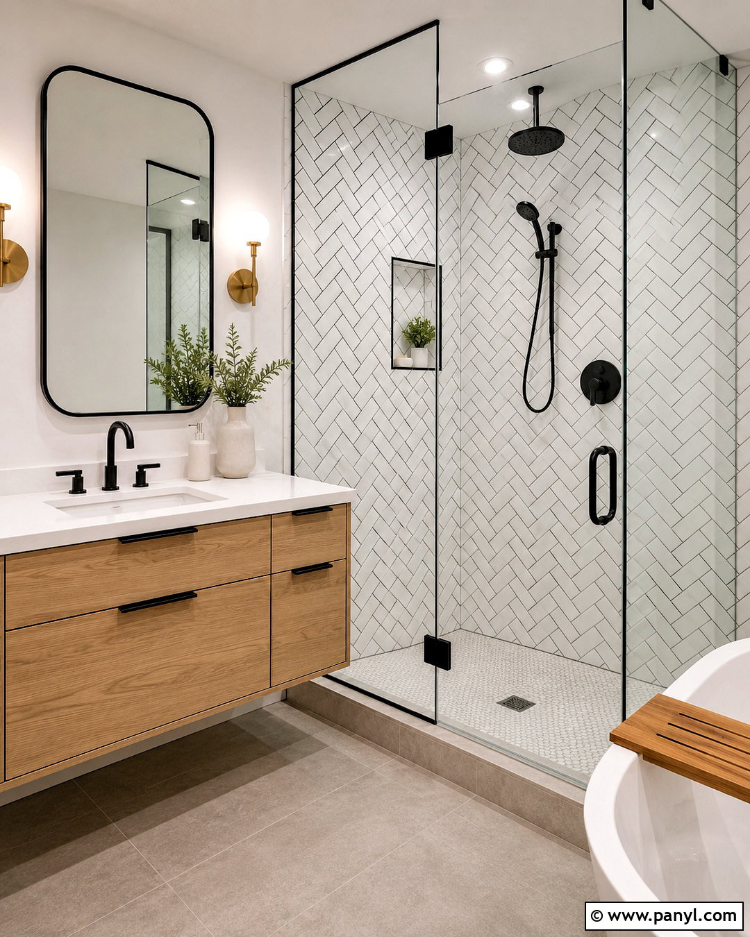 Herringbone Shower Wall Tile - 20 black and white pattern tile bathroom ideas