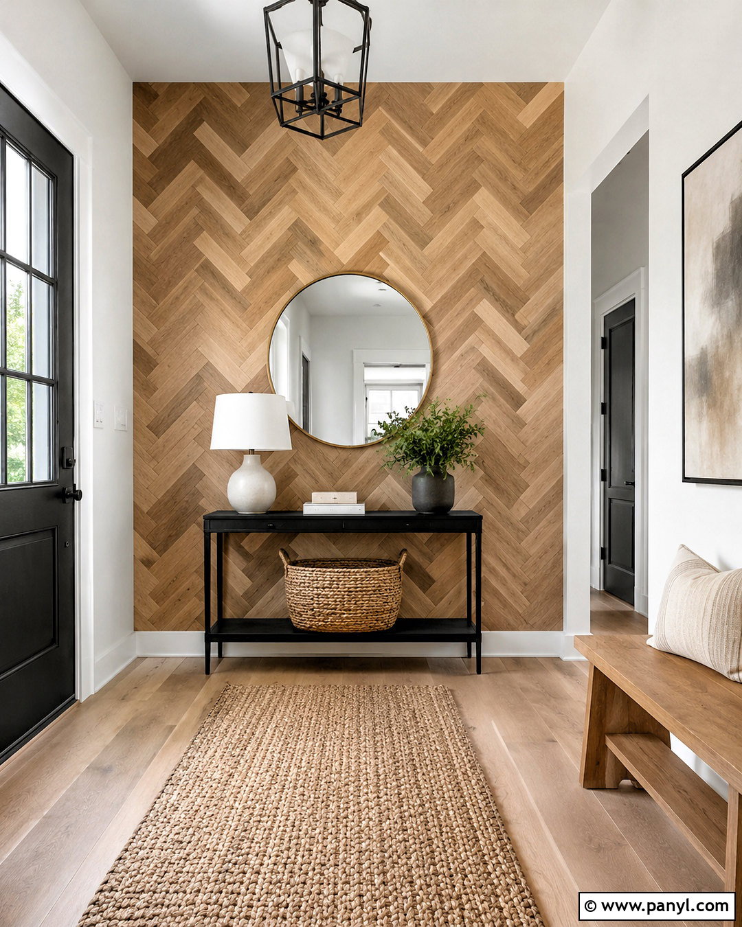 Herringbone Wood Accent Wall Entryway - 20 natural wood accent wall ideas