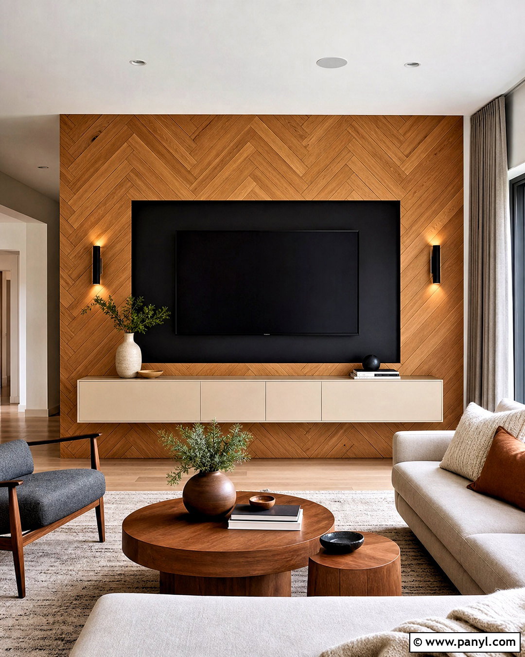Herringbone Wood TV Wall - 20 wood behind tv on wall ideas