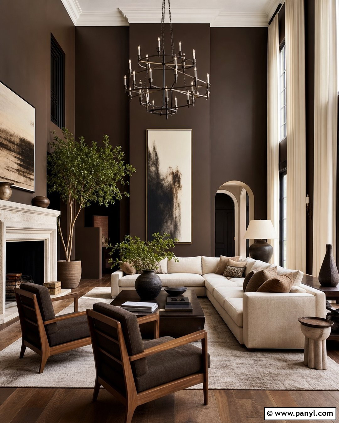 High Ceiling Living Room With Dark Brown Walls - 35 Dark Brown Walls Living Room Ideas