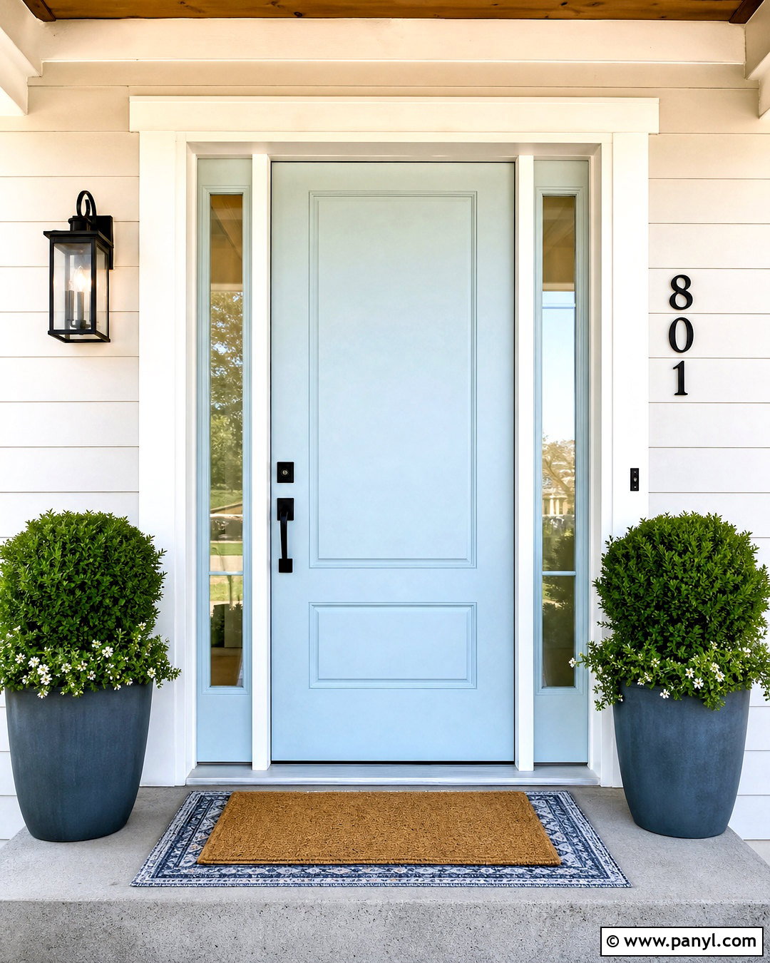Hinting Blue Front Door With Warm White Exterior - 20 hinting blue sherwin williams paint ideas