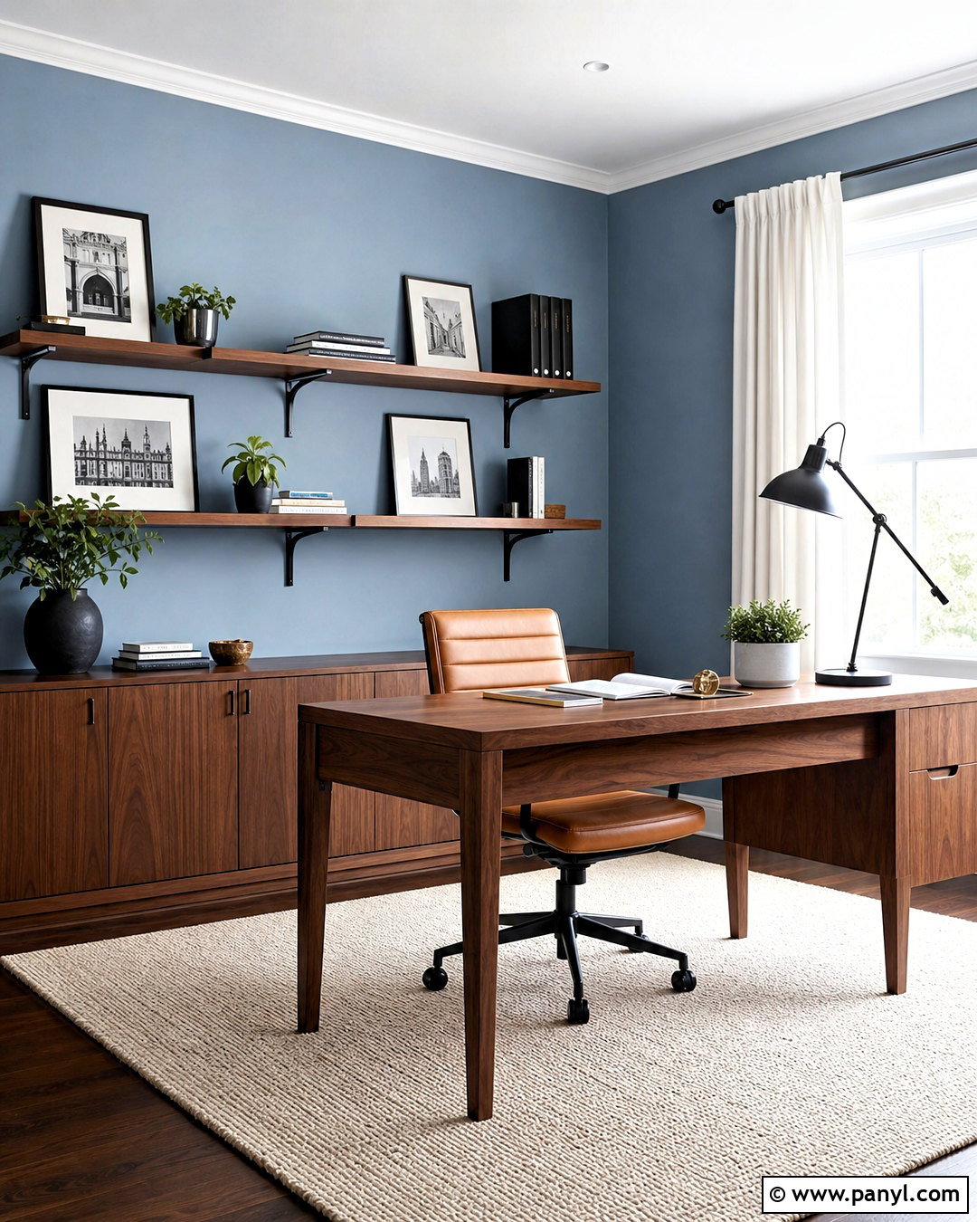 Hinting Blue Home Office With Walnut Furniture - 20 hinting blue sherwin williams paint ideas
