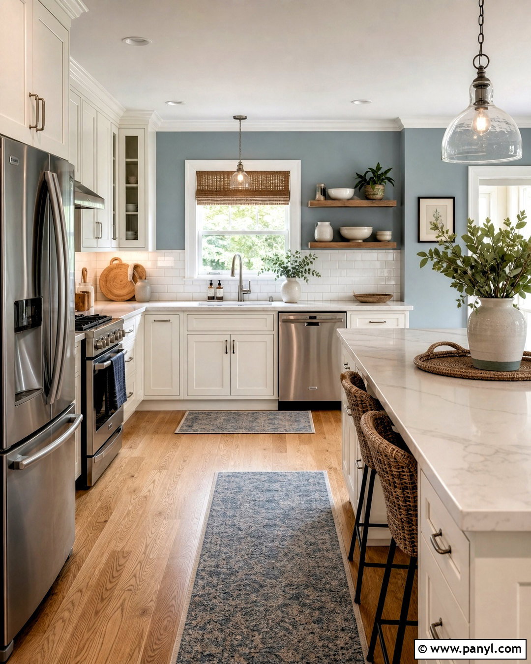 Hinting Blue Kitchen With Warm White Cabinets - 20 hinting blue sherwin williams paint ideas