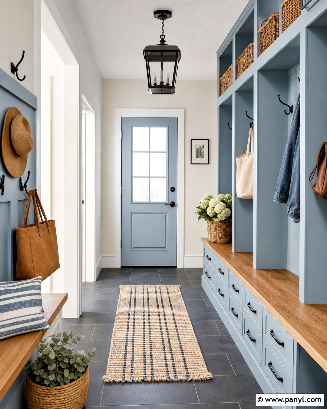 Hinting Blue Mudroom With Built-In Storage - 20 hinting blue sherwin williams paint ideas