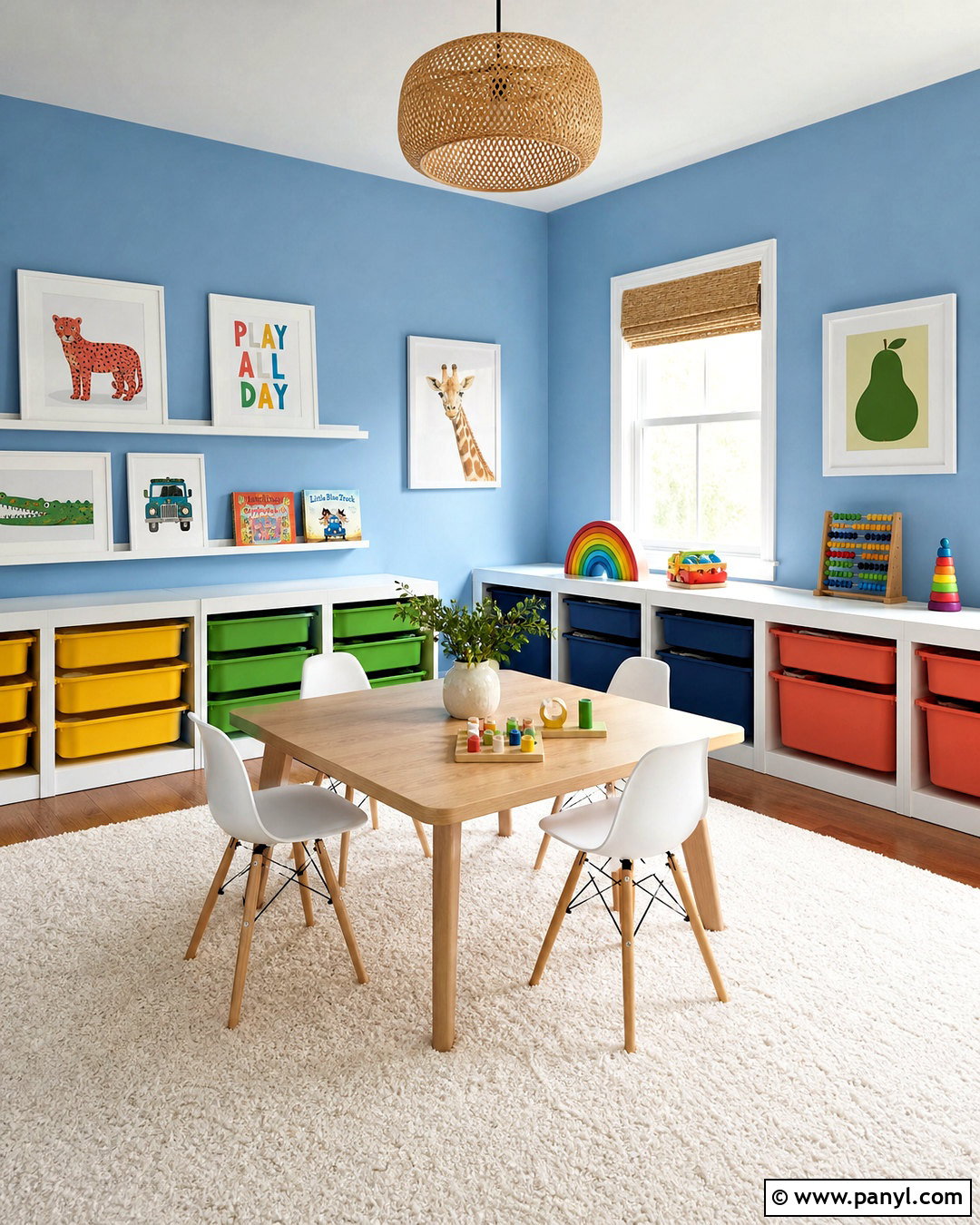 Hinting Blue Playroom With Colorful Storage - 20 hinting blue sherwin williams paint ideas