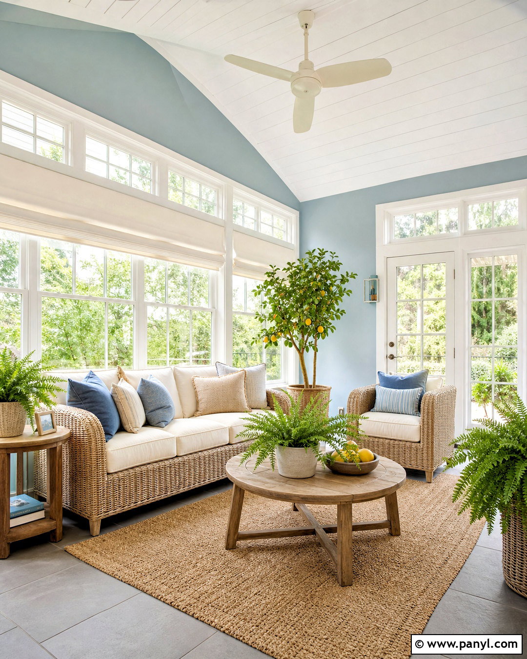 Hinting Blue Sunroom With Wicker Furniture - 20 hinting blue sherwin williams paint ideas