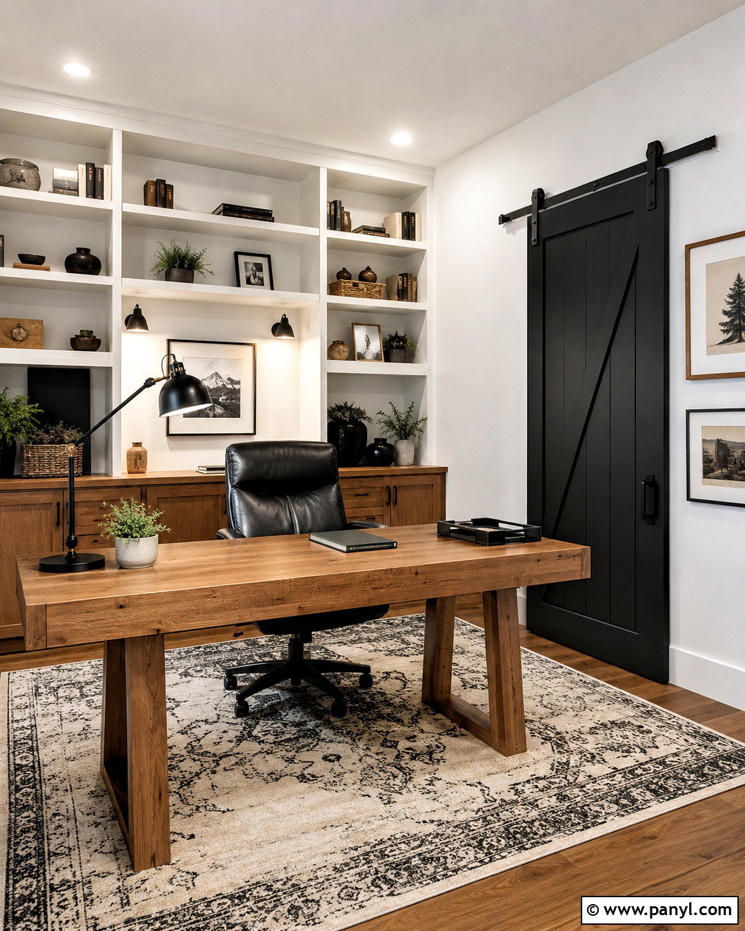 Home Office With Black Barn Door - 35 White Walls Black Doors
