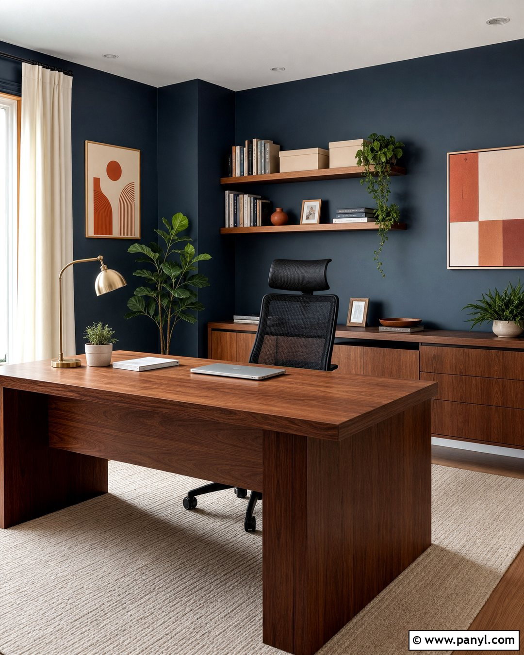 Home Office With Deep Blue Walls - 35 room with blue walls