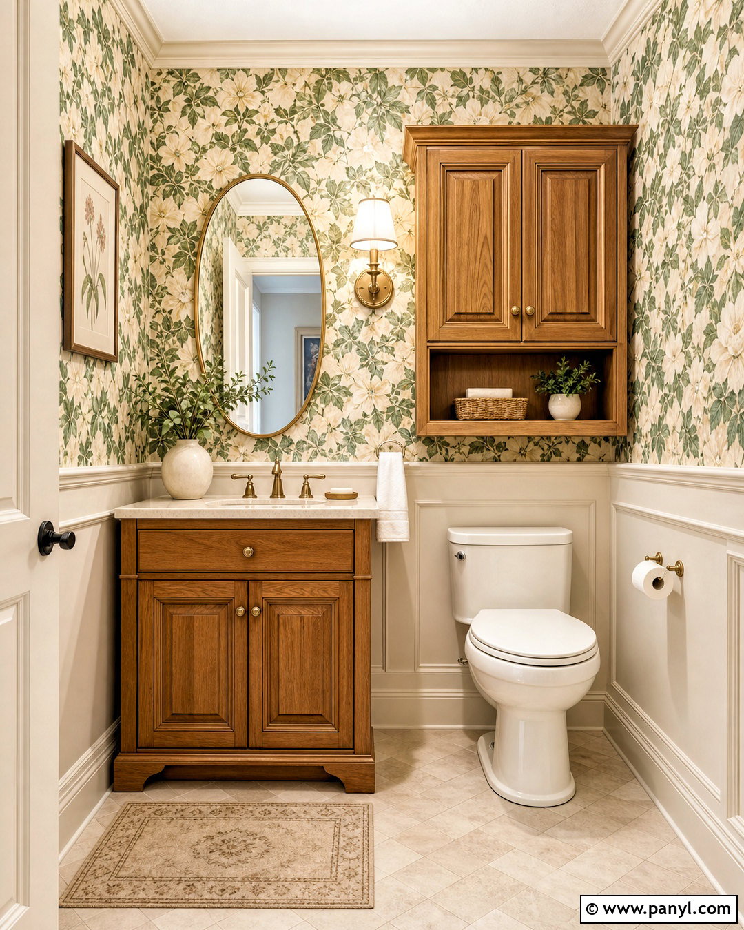 Honey Oak Bathroom With Botanical Wallpaper - 20 honey oak bathroom ideas