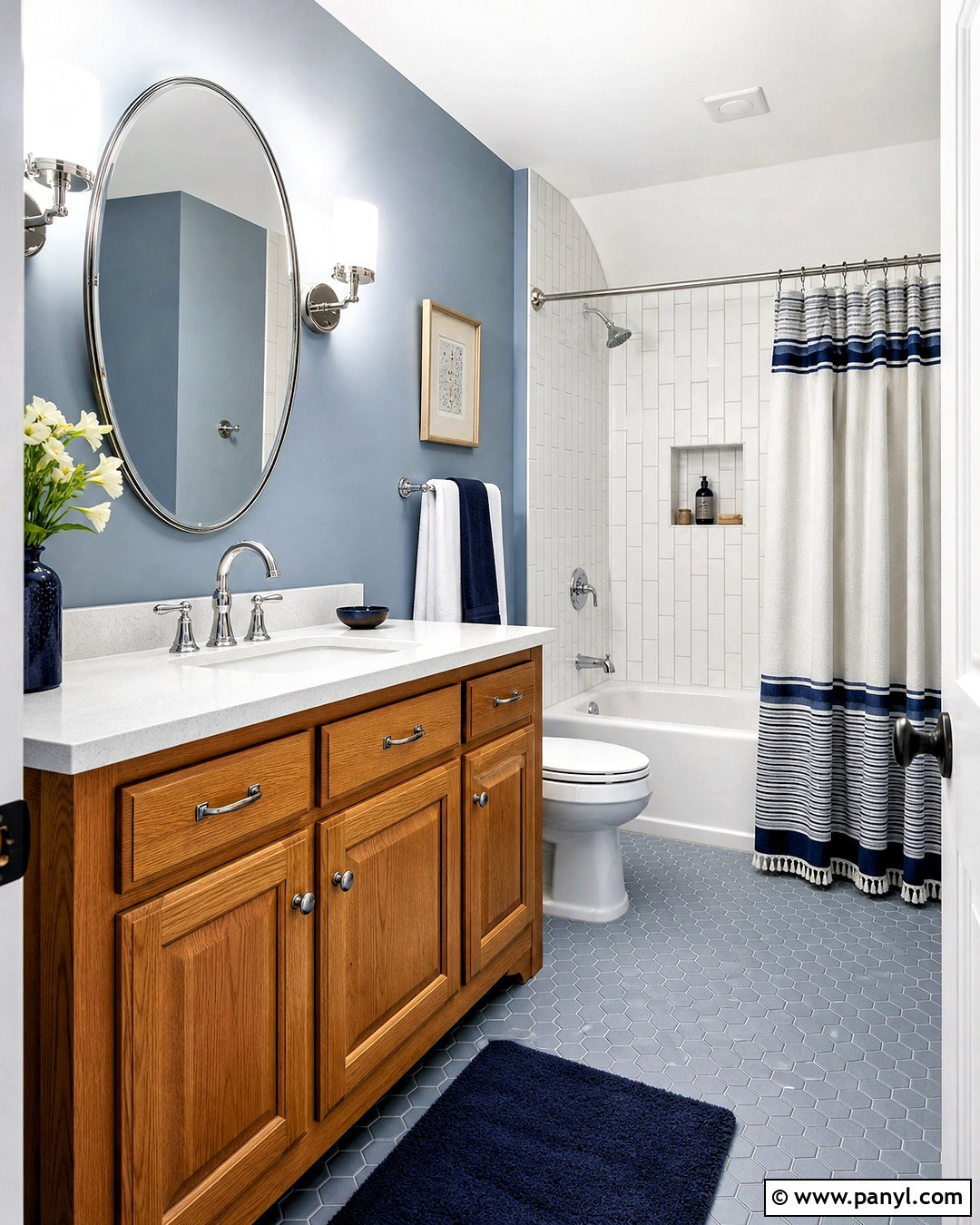 Honey Oak Bathroom With Dusty Blue Walls - 20 honey oak bathroom ideas