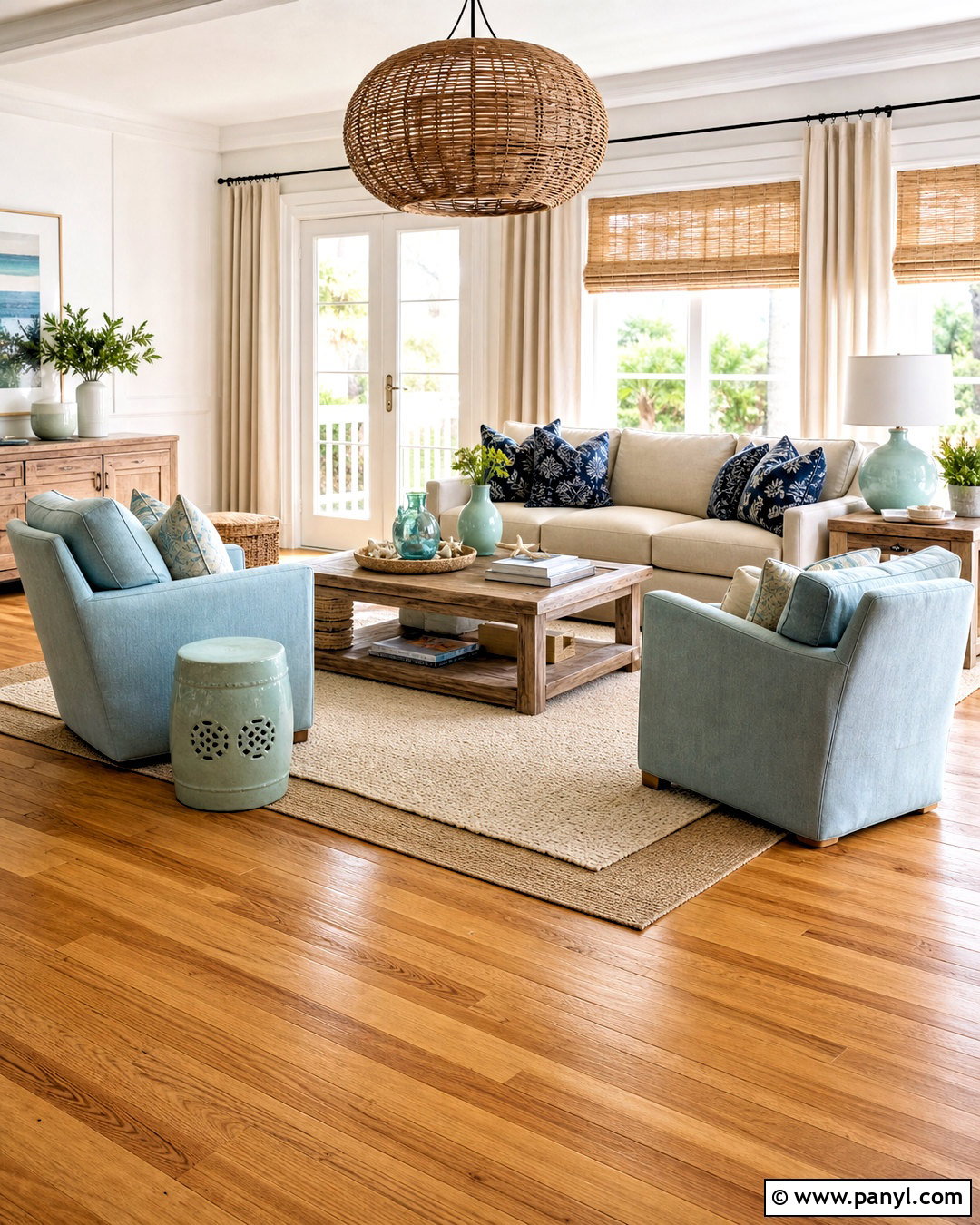 Honey Wood Floors In A Coastal Living Room - 20 honey wood floors