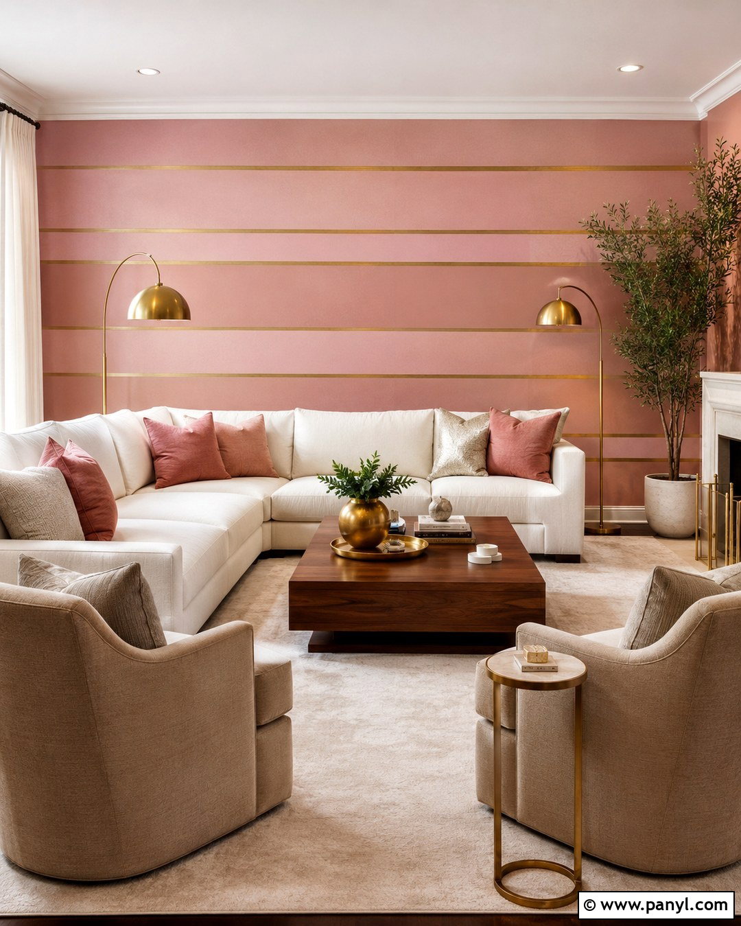 Horizontal Pink And Gold Striped Living Room Wall - 20 Pink And Gold Striped Wall Ideas