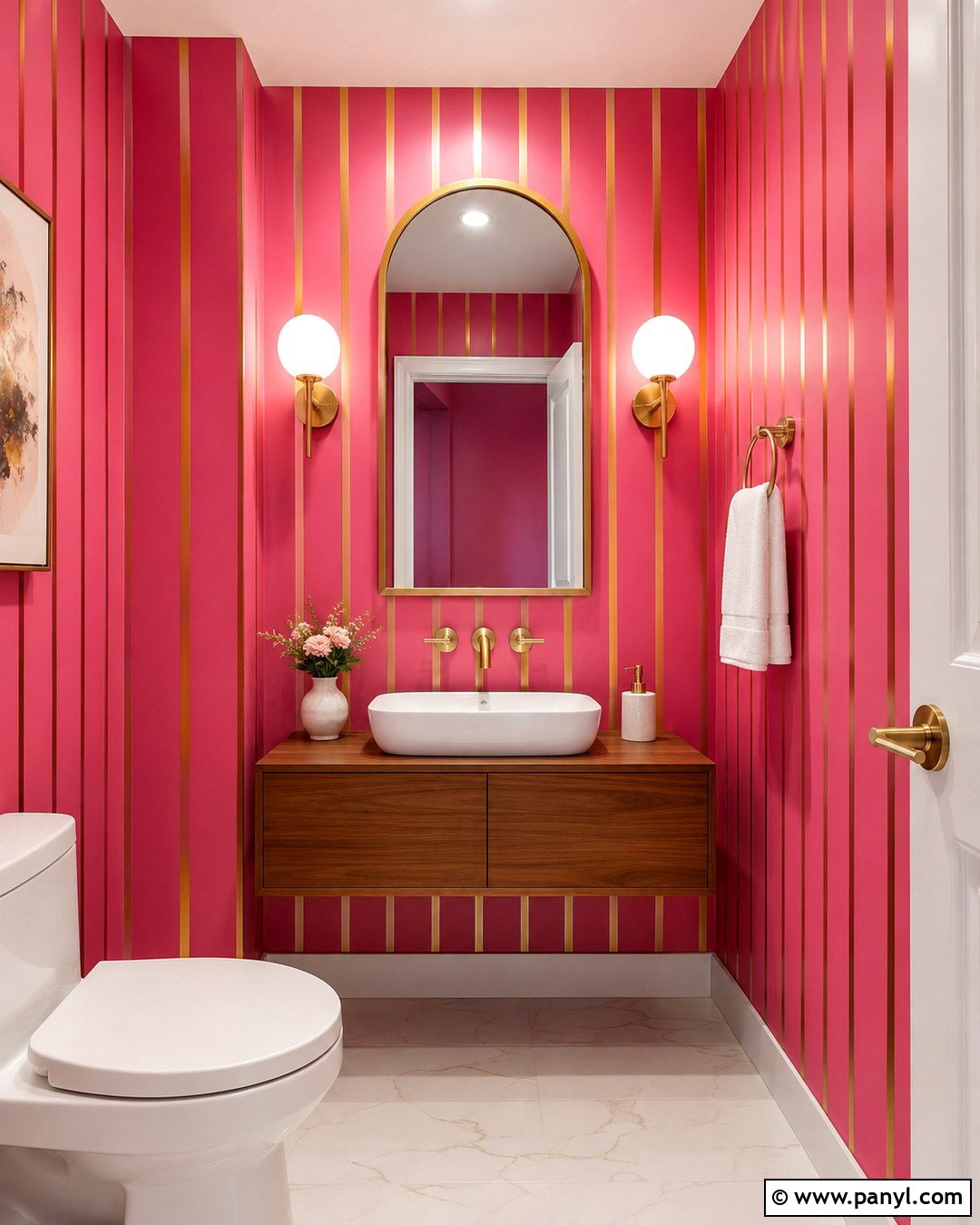 Hot Pink And Gold Striped Powder Room Wall - 20 Pink And Gold Striped Wall Ideas