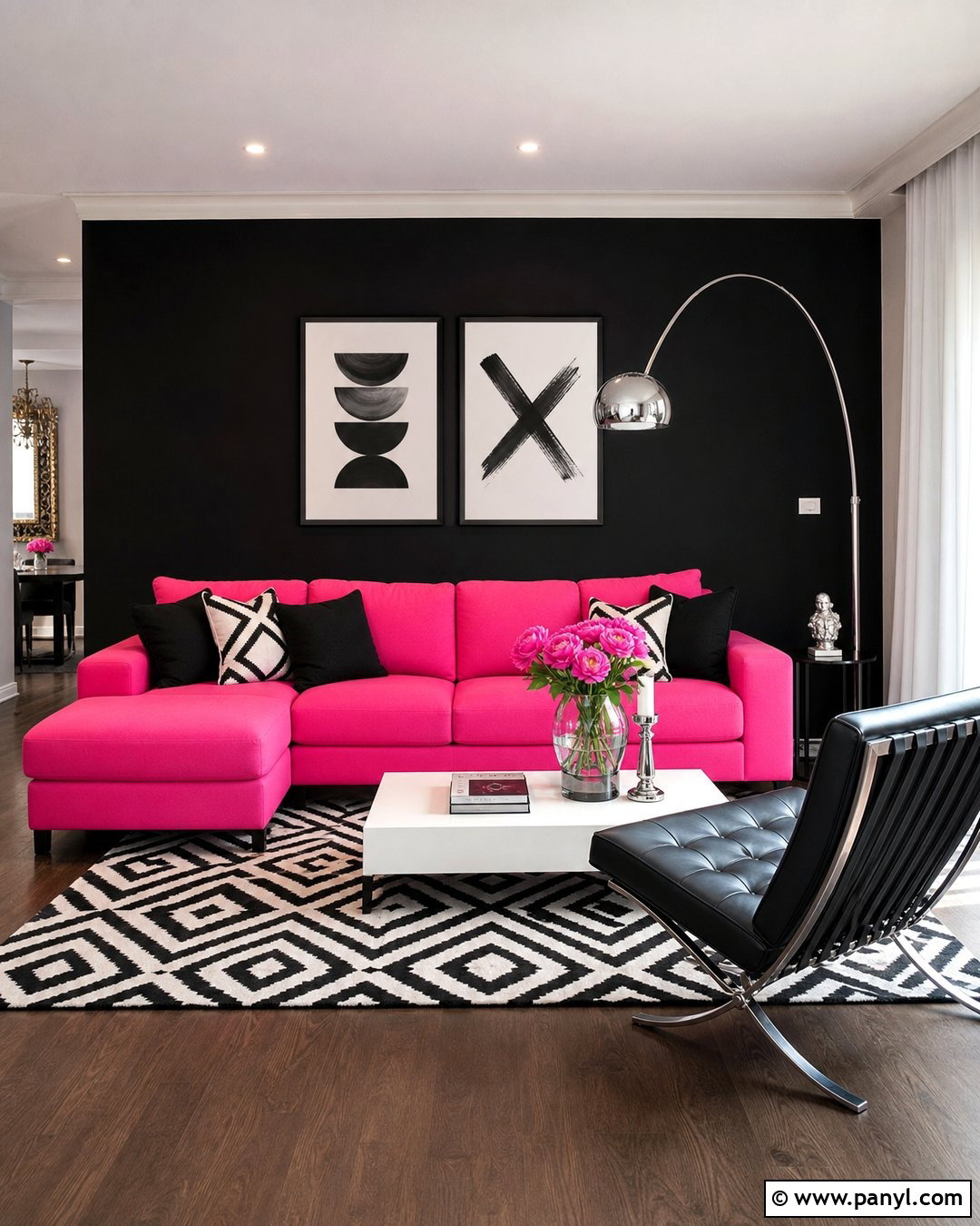 Hot Pink Couch With Black And White Decor - 20 Pink Couch Black Wall Ideas