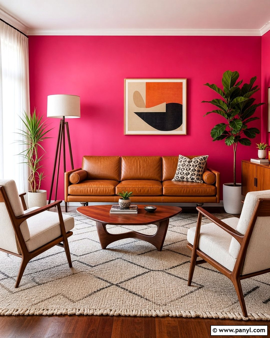 Hot Pink Living Room With Midcentury Furniture - 35 hot pink walls