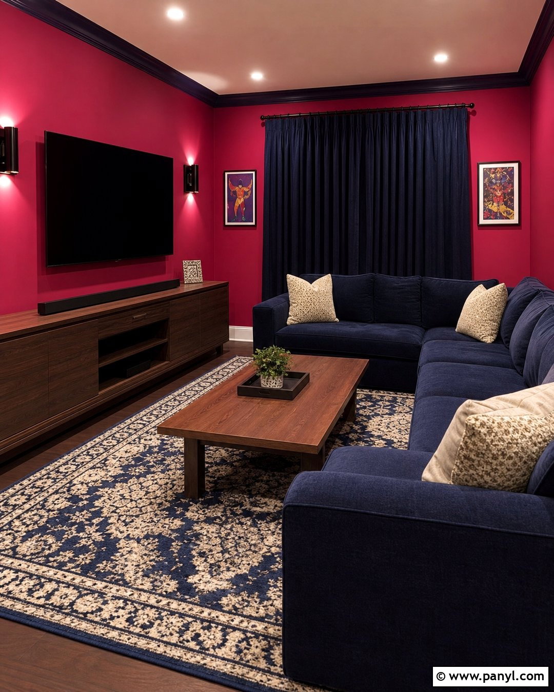 Hot Pink Media Room With Dark Blue Sofa - 35 hot pink walls