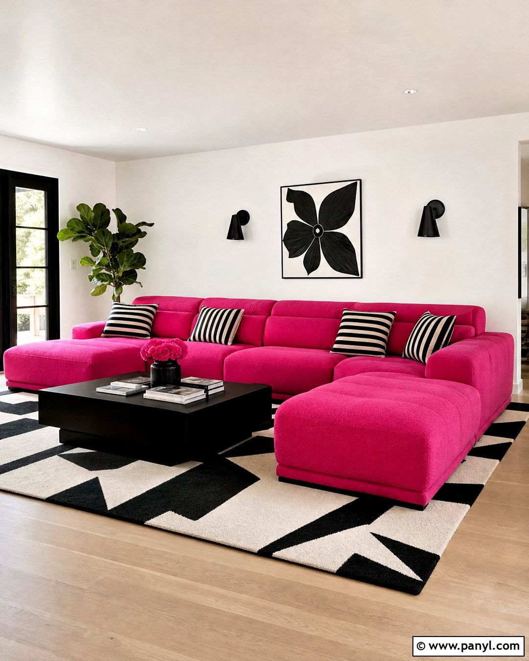 Hot Pink Sectional With Black And White Decor - 20 hot pink furniture ideas