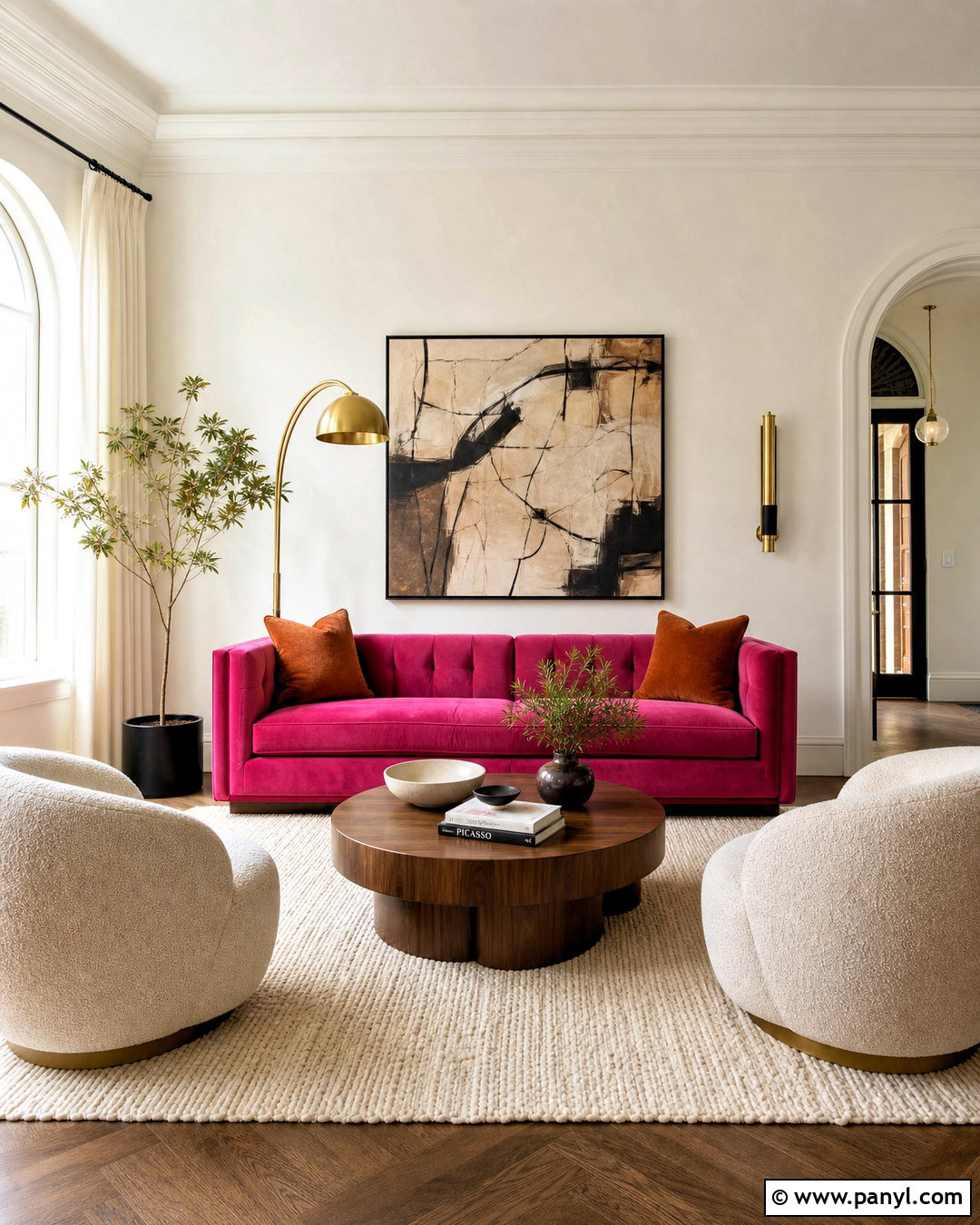 Hot Pink Velvet Sofa With Neutral Decor - 20 hot pink furniture ideas