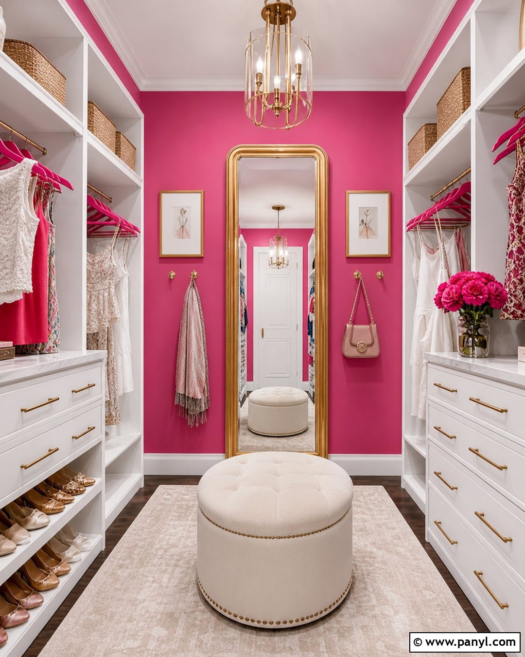 Hot Pink Walk-In Closet With White Shelving - 35 hot pink walls