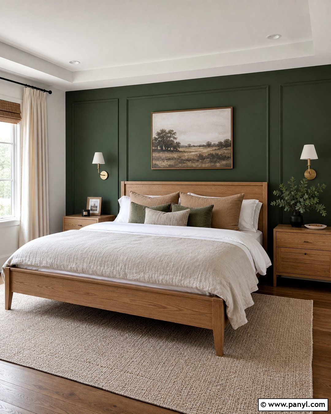 Hunter Green Accent Wall Behind Oak Bed - 30 hunter green accent wall ideas