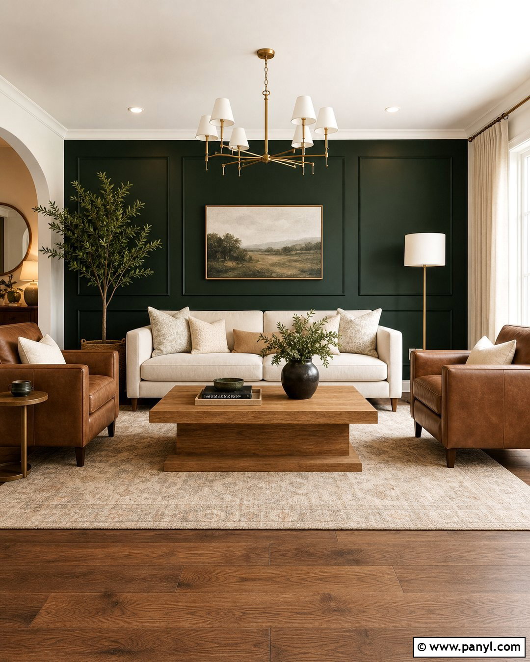 Hunter Green Accent Wall With Cream Sofa - 30 hunter green accent wall ideas