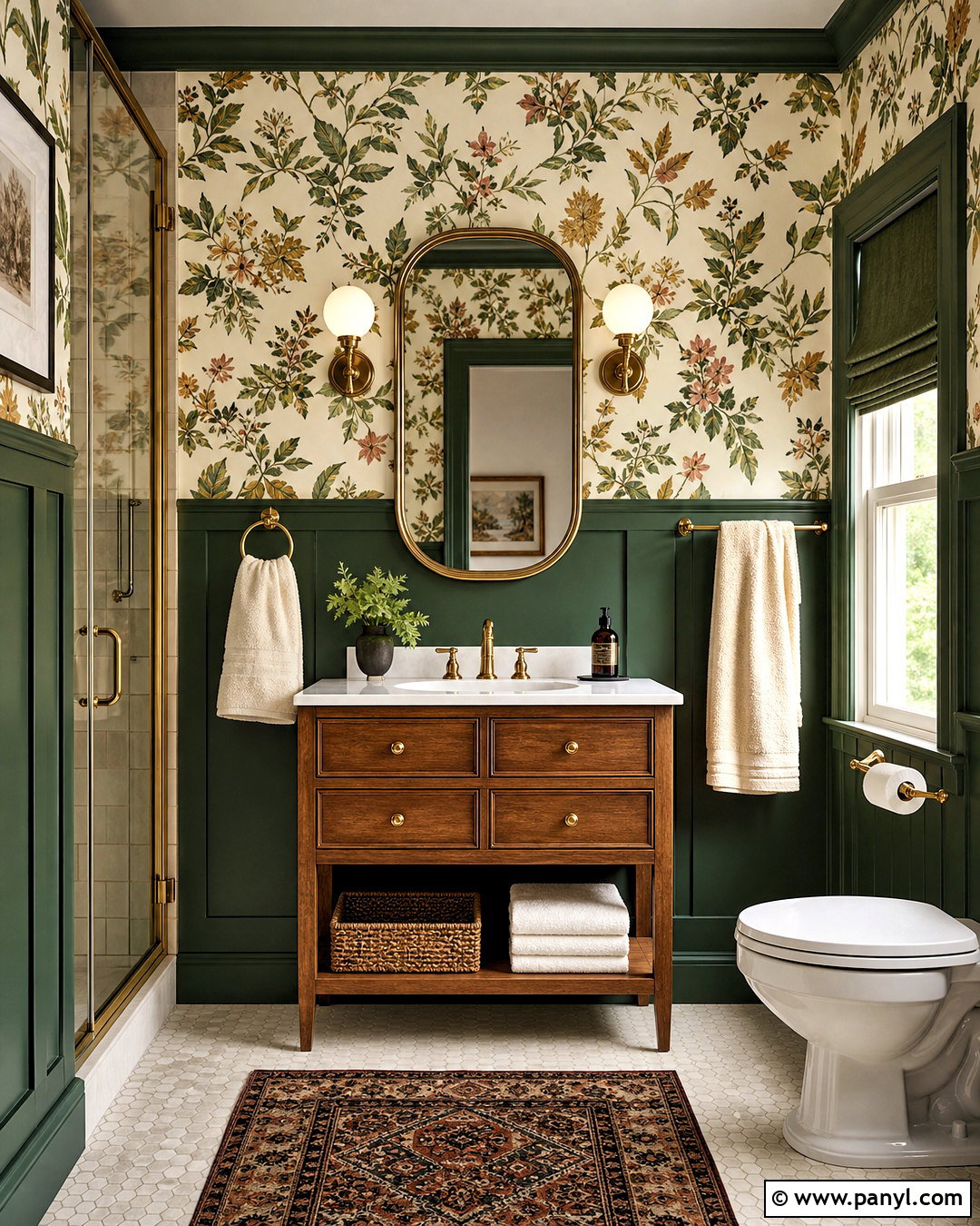Hunter Green Bathroom With Botanical Wallpaper - 20 hunter green bathroom ideas