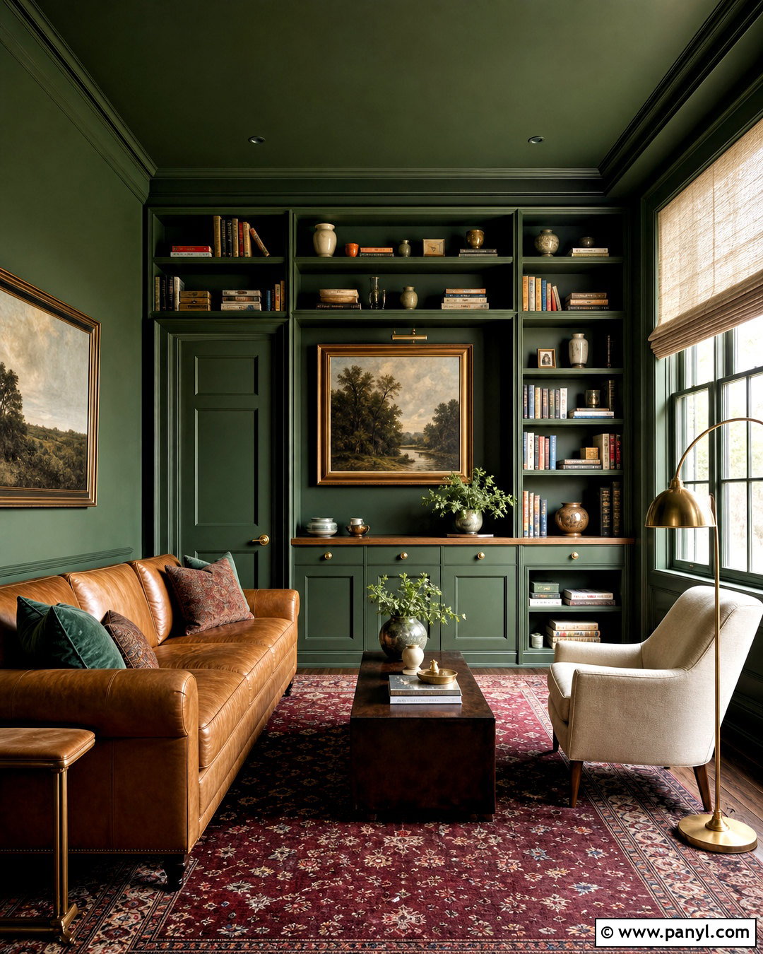 Hunter Green Color Drenched Library - 20 green wall painting ideas