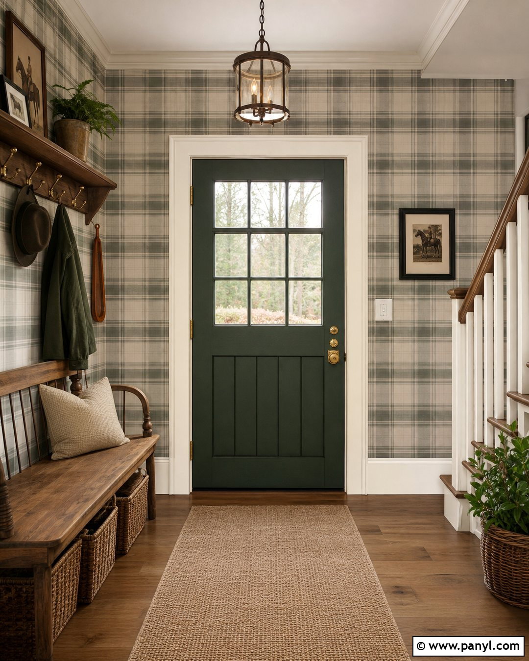 Hunter Green Door With Plaid Wallpaper - 20 Green Door With Patterned Wall Ideas