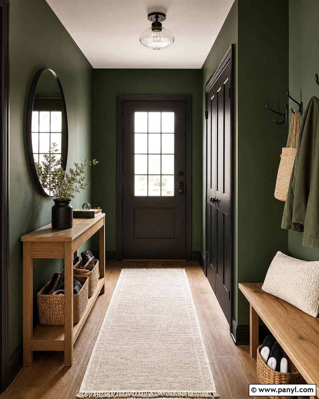 Hunter Green Entryway With Black Trim - 25 Green Walls With Black Trim Ideas