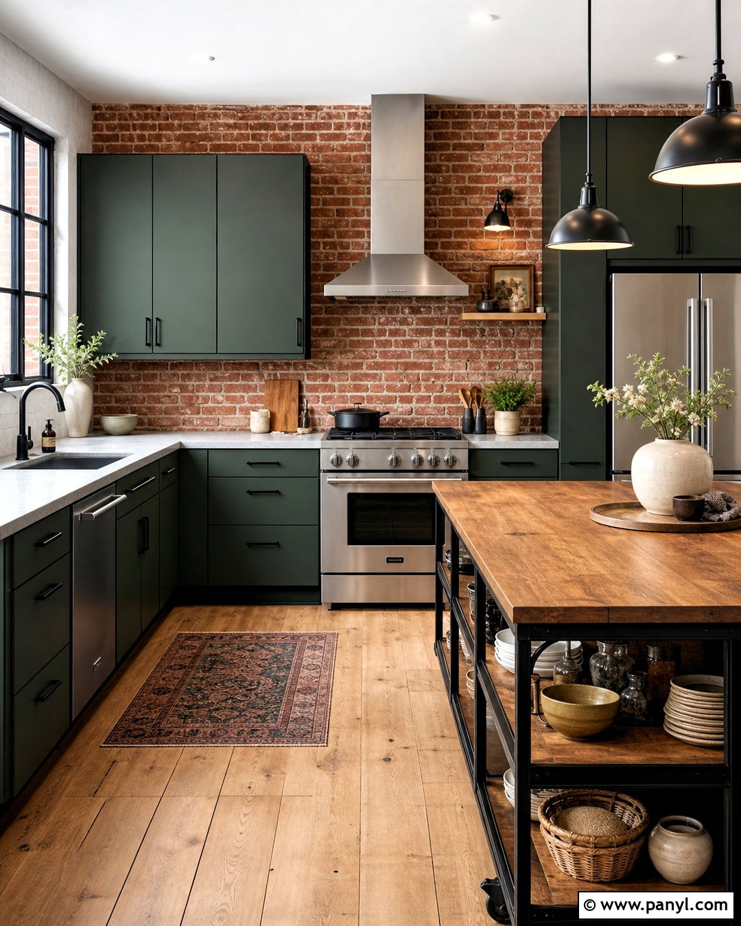 Hunter Green Kitchen With Red Brick Wall - 20 green and red kitchen ideas