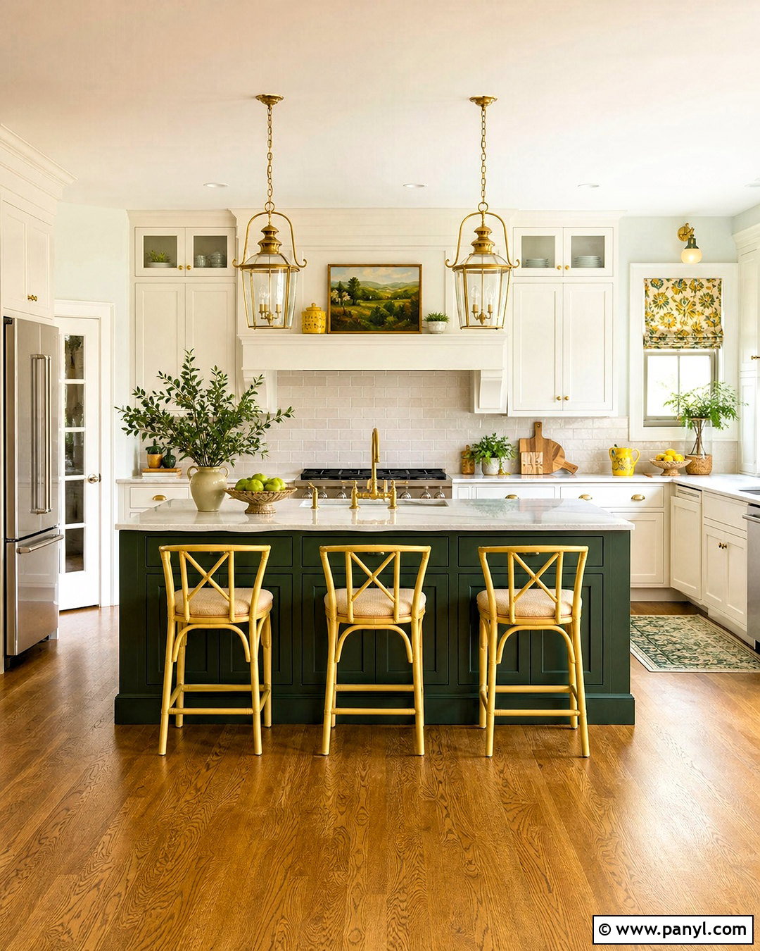 Hunter Green Kitchen With Yellow Bar Stools - 20 green and yellow kitchen ideas