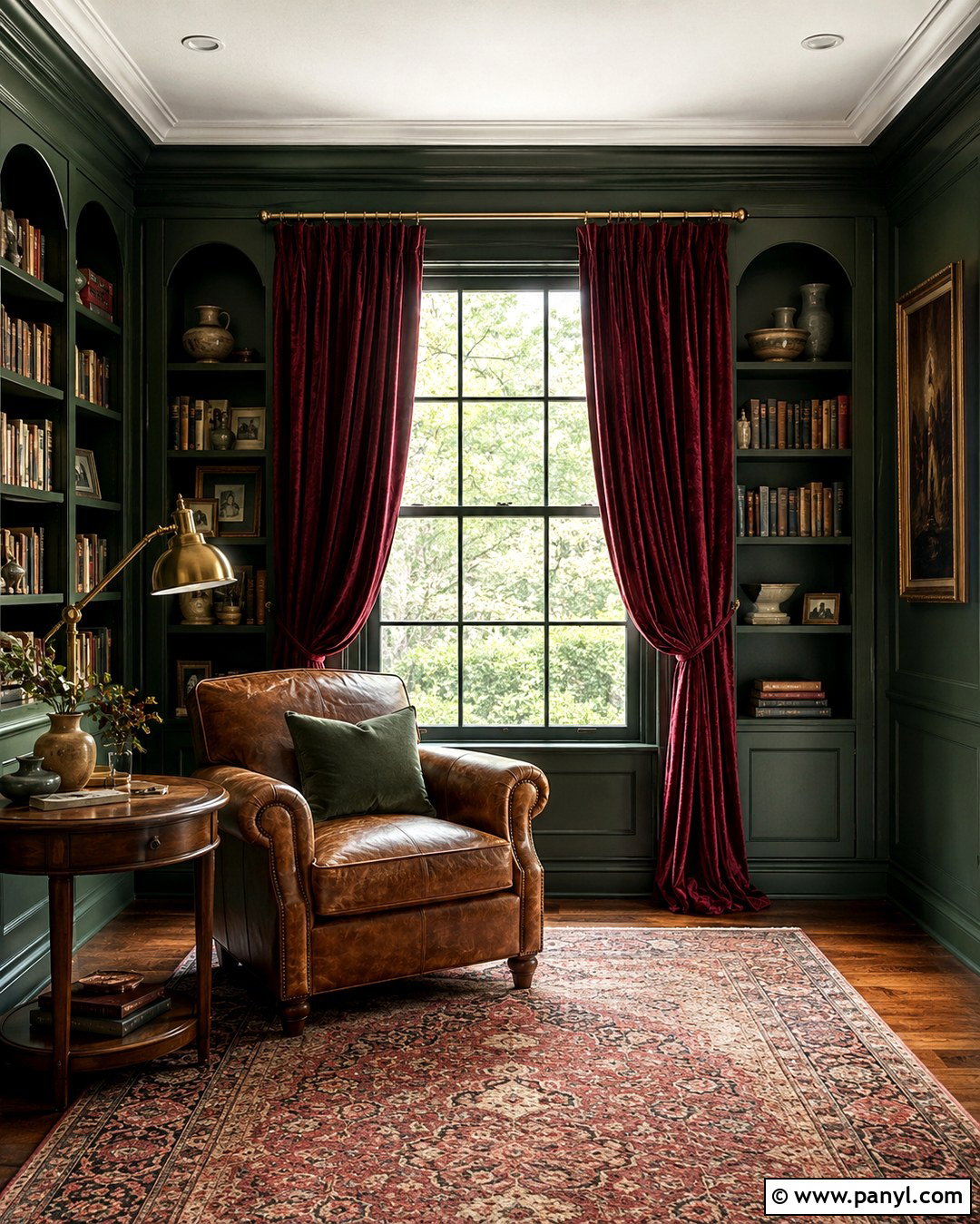 Hunter Green Library With Wine Red Curtains - 20 Green Walls Red Curtains
