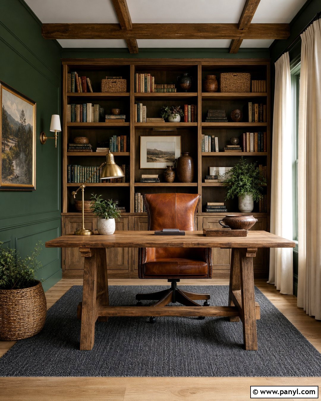 Hunter Green Rustic Home Office - 20 Green Wall Rustic Style Ideas