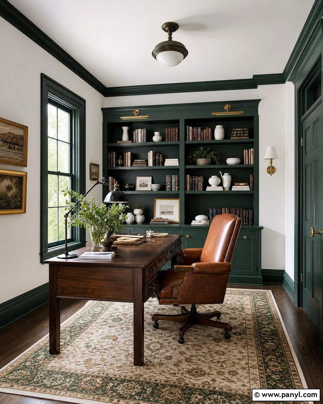 Hunter Green Trim Home Office - 35 green trim white walls